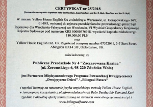 Certyfikat "Dwujęzyczne Dzieci" dla Partnera Międzynarodowego Programu Powszechnej Dwujęzyczności "Bilingual Future"